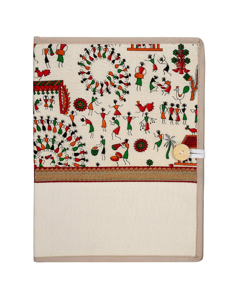 BusiBug A4 Warli Printed Fabric File Folder | Handcrafted Canvas Document & Certificate Holder | Traditional Indian Folk Art Conference Folder for Office & Personal Use (Multicolor)
