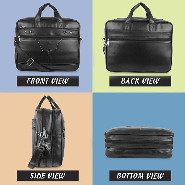 Black 4 Compartments Faux Leather Office Bag, Messenger Bag, Expandable Laptop Bag 15.6 Inch - Image 3