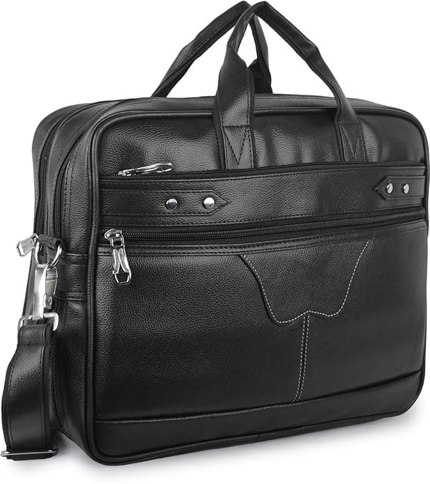 Black 4 Compartments Faux Leather Office Bag, Messenger Bag, Expandable Laptop Bag 15.6 Inch