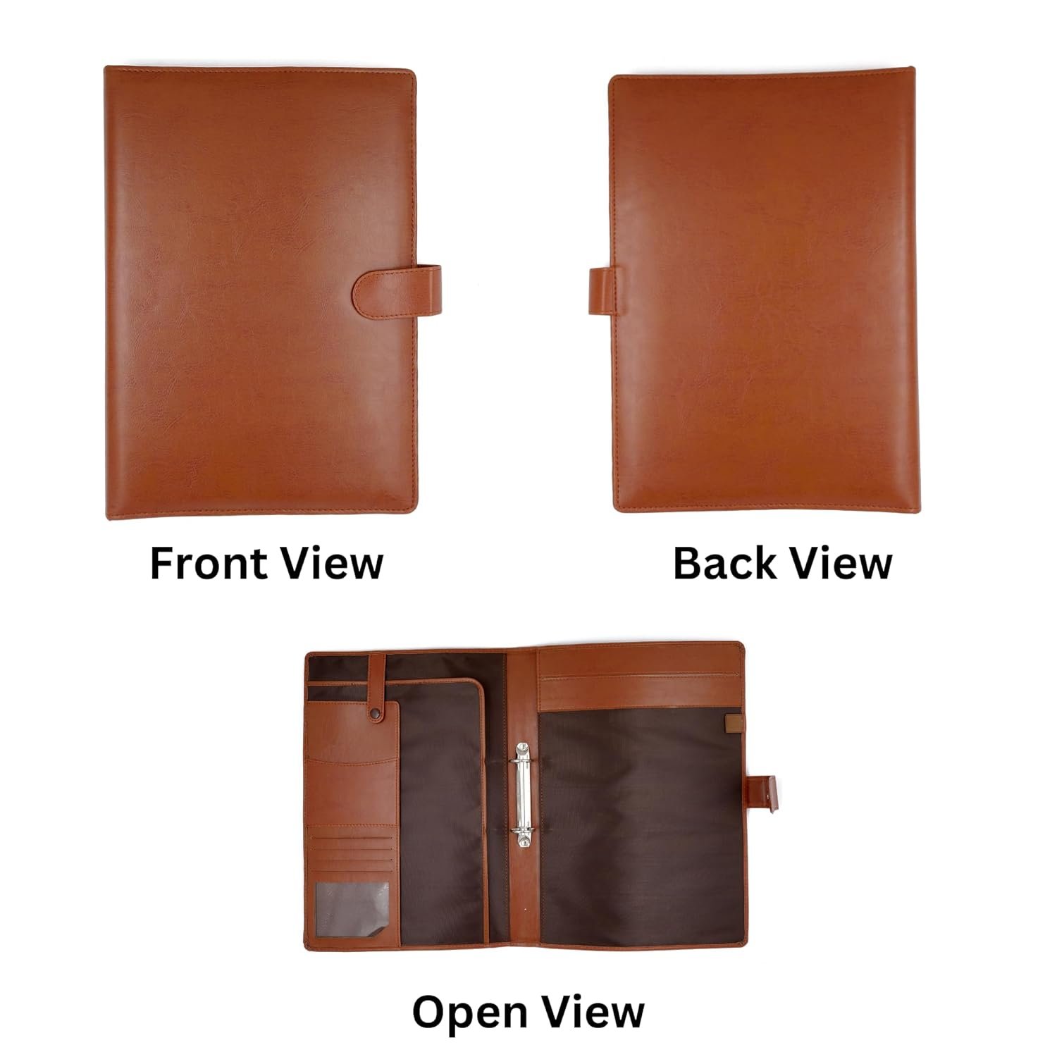 Brown Faux Leather 2 Ring Conference File Folder Multipurpose Magnetic Button Lock Organiser for Meetings, Seminars, Conferences - Image 6
