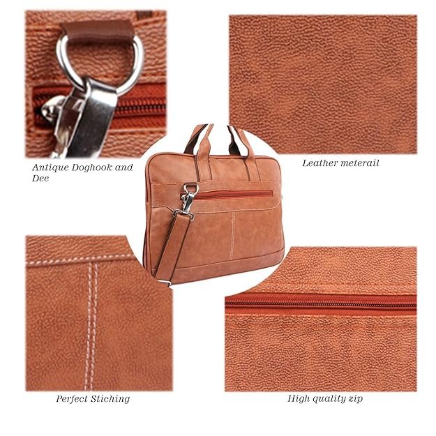 Tan 14 Inch Synthetic Leather Laptop Bag Adjustable Shoulder Strap Office Bag for Men & Women - Image 3
