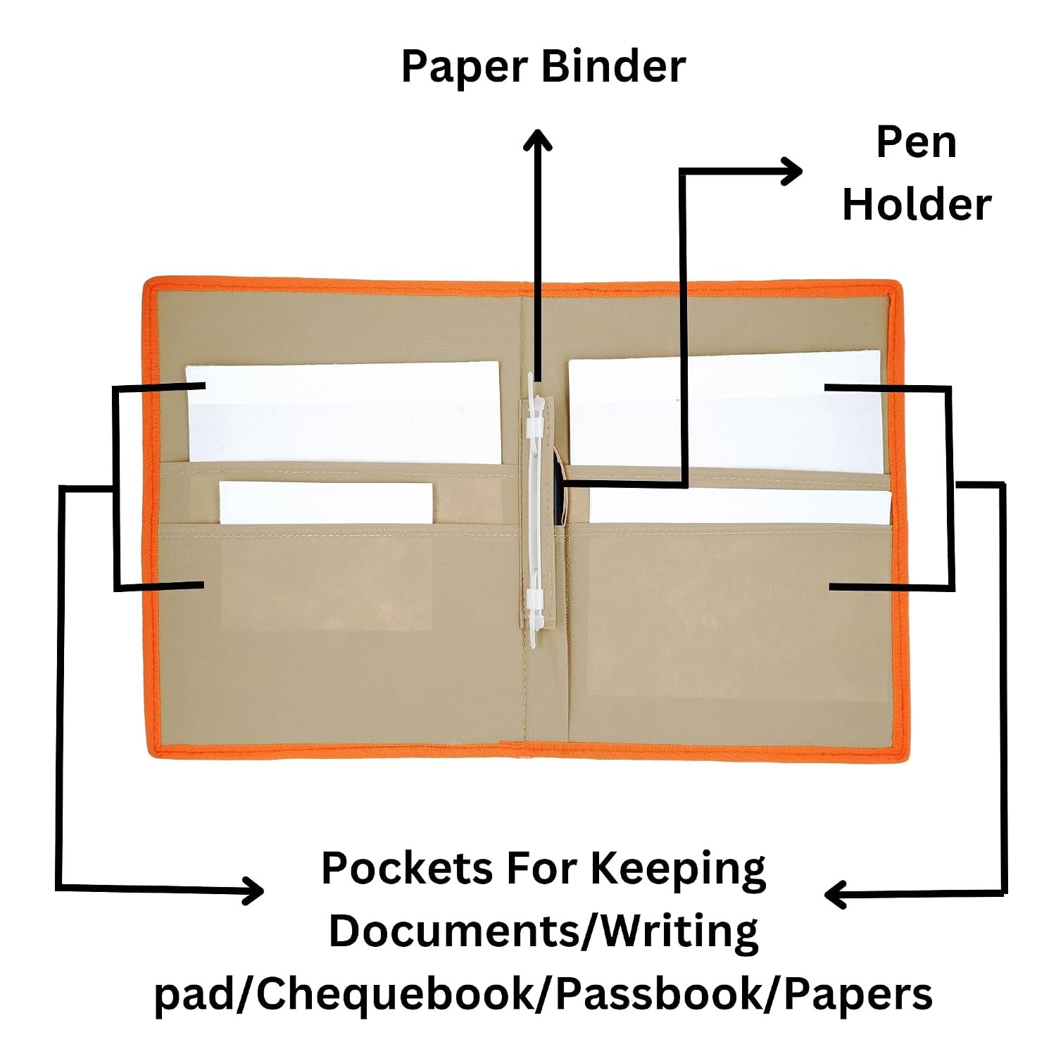 Beige-Orange A4 Jute Professional File Folder Document Elastic Loop Organizer for Certificates, Document Holder, Jute File Folder - Image 4