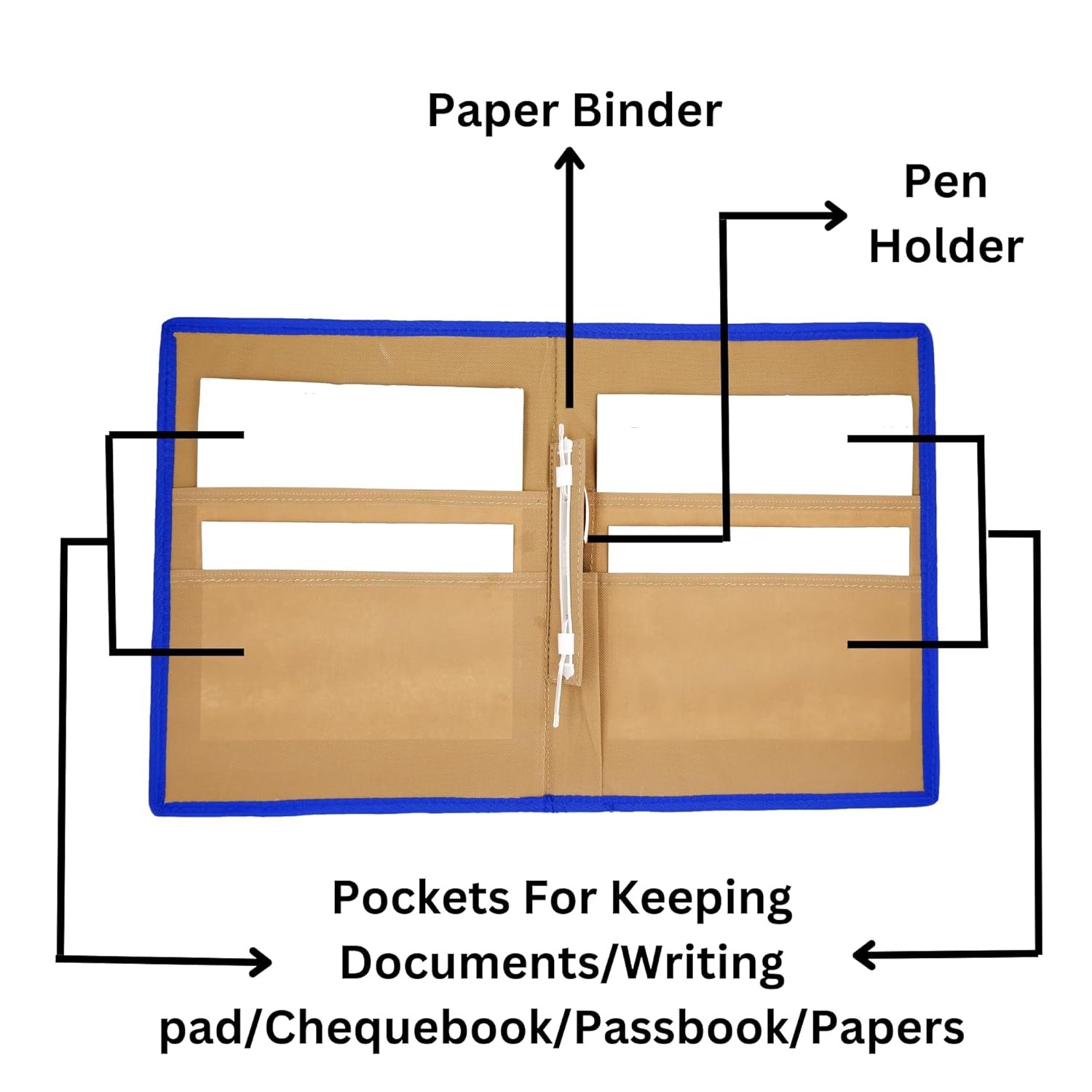 Beige-Blue A4 Jute Professional File Folder Document Elastic Loop Organizer for Certificates, Document Holder, Jute File Folder - Image 6