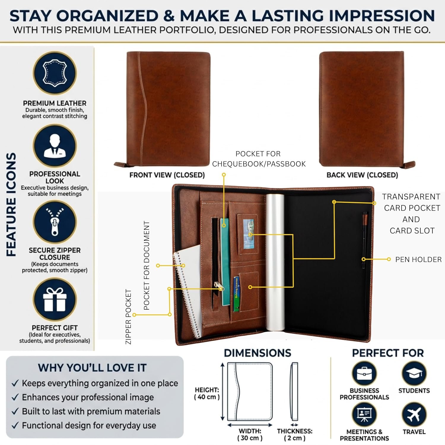 Brown PU Faux Leather Deluxe B4 Size Document Holder 20 Leafs Zipper File Folder Organizer for Certificates, Marksheets, Degrees, Important Papers - Image 3