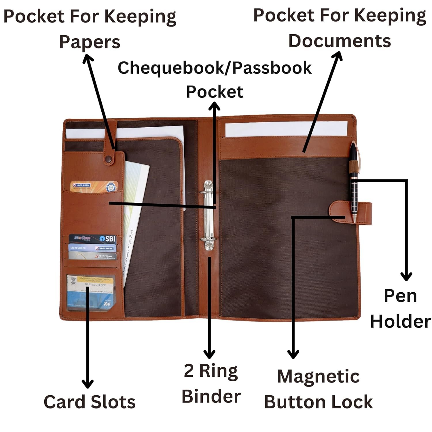 Brown Faux Leather 2 Ring Conference File Folder Multipurpose Magnetic Button Lock Organiser for Meetings, Seminars, Conferences - Image 4