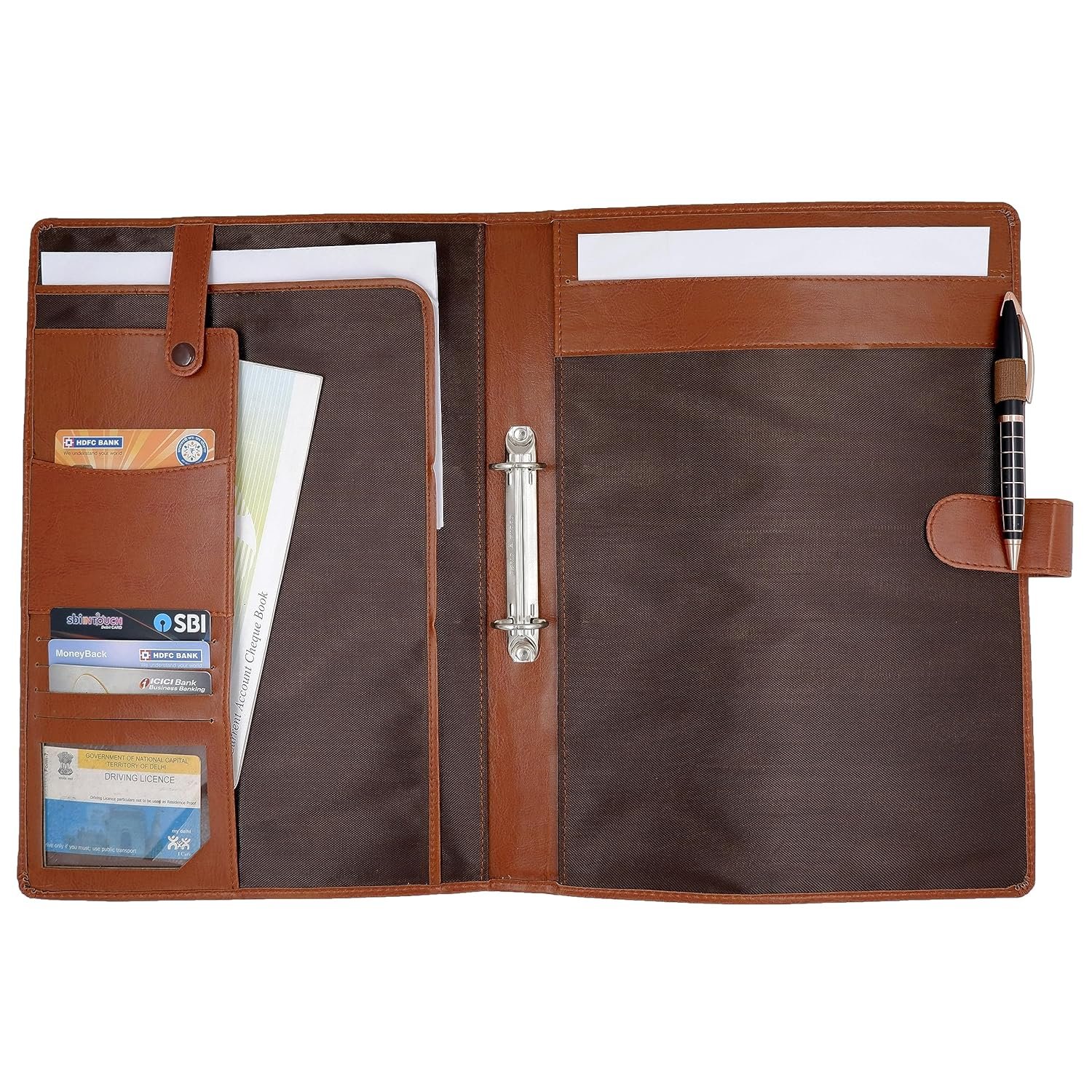 Brown Faux Leather 2 Ring Conference File Folder Multipurpose Magnetic Button Lock Organiser for Meetings, Seminars, Conferences - Image 3