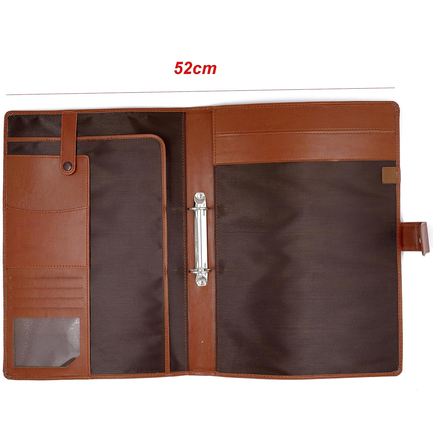 Brown Faux Leather 2 Ring Conference File Folder Multipurpose Magnetic Button Lock Organiser for Meetings, Seminars, Conferences - Image 2
