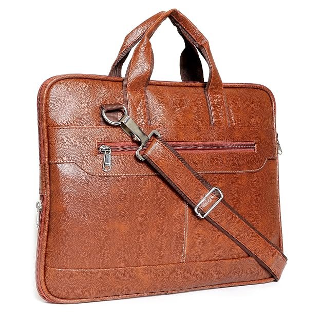 Tan 14 Inch Synthetic Leather Laptop Bag Adjustable Shoulder Strap Office Bag for Men & Women - Image 2