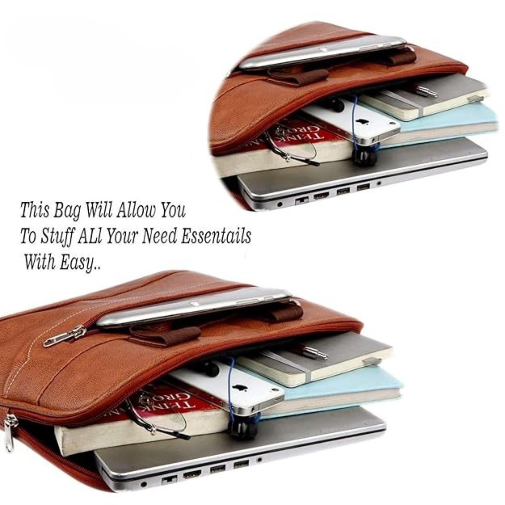Tan 14 Inch Synthetic Leather Laptop Bag Adjustable Shoulder Strap Office Bag for Men & Women - Image 5