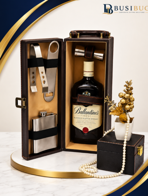 Brown leather wine box bar set with bottle opener, ice tong, peg measurer and hip flask – corporate gifting solution WINE-BOX-403