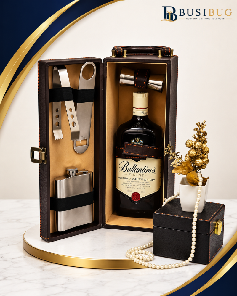 Brown leather wine box bar set with bottle opener, ice tong, peg measurer and hip flask – corporate gifting solution WINE-BOX-403