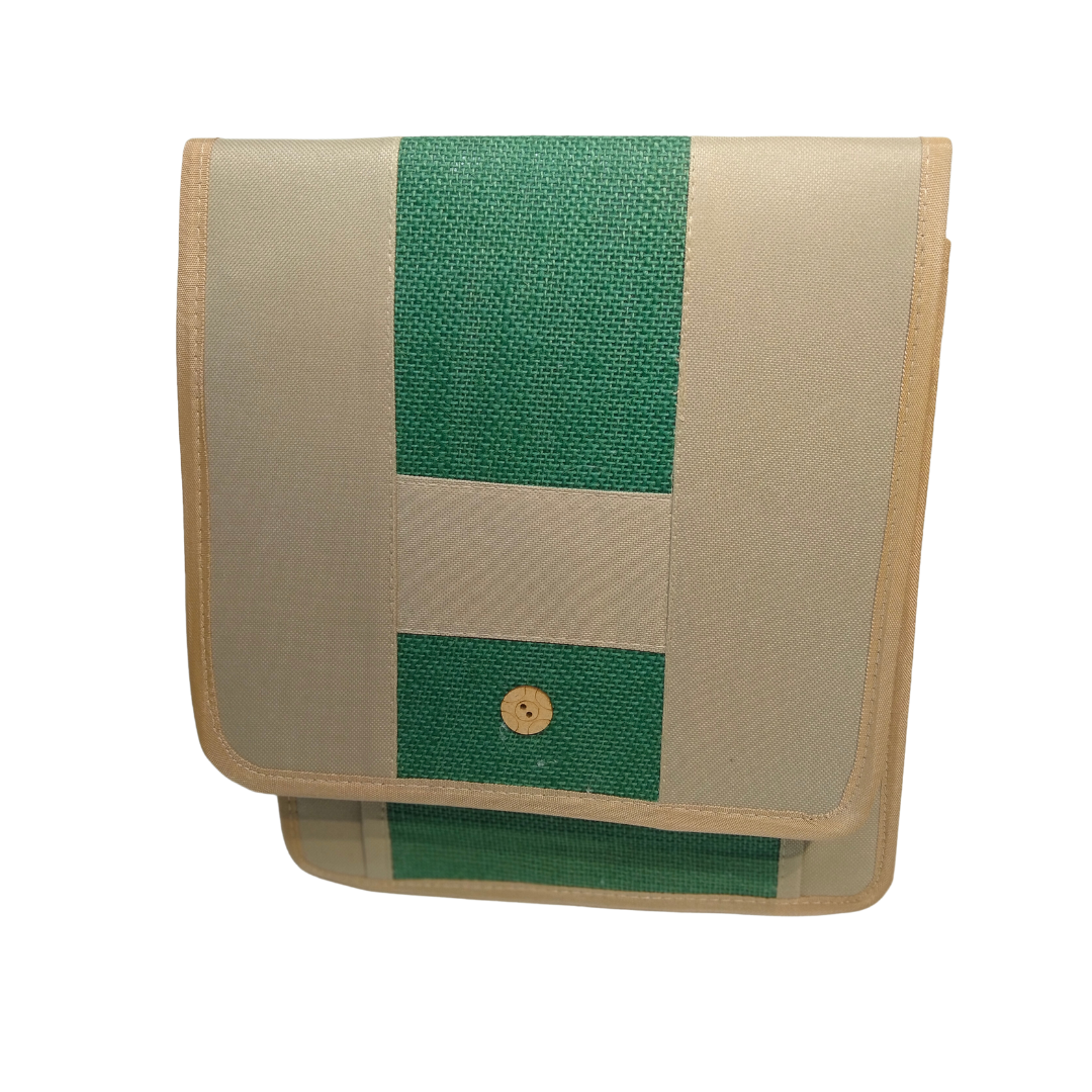 A4 Jute Professional File Folder | Eco-Friendly Document Organizer, Certificate Holder, and Expandable Messenger Briefcase with Adjustable Shoulder Strap and Button Closure for Office and Interviews (Beige & Green)