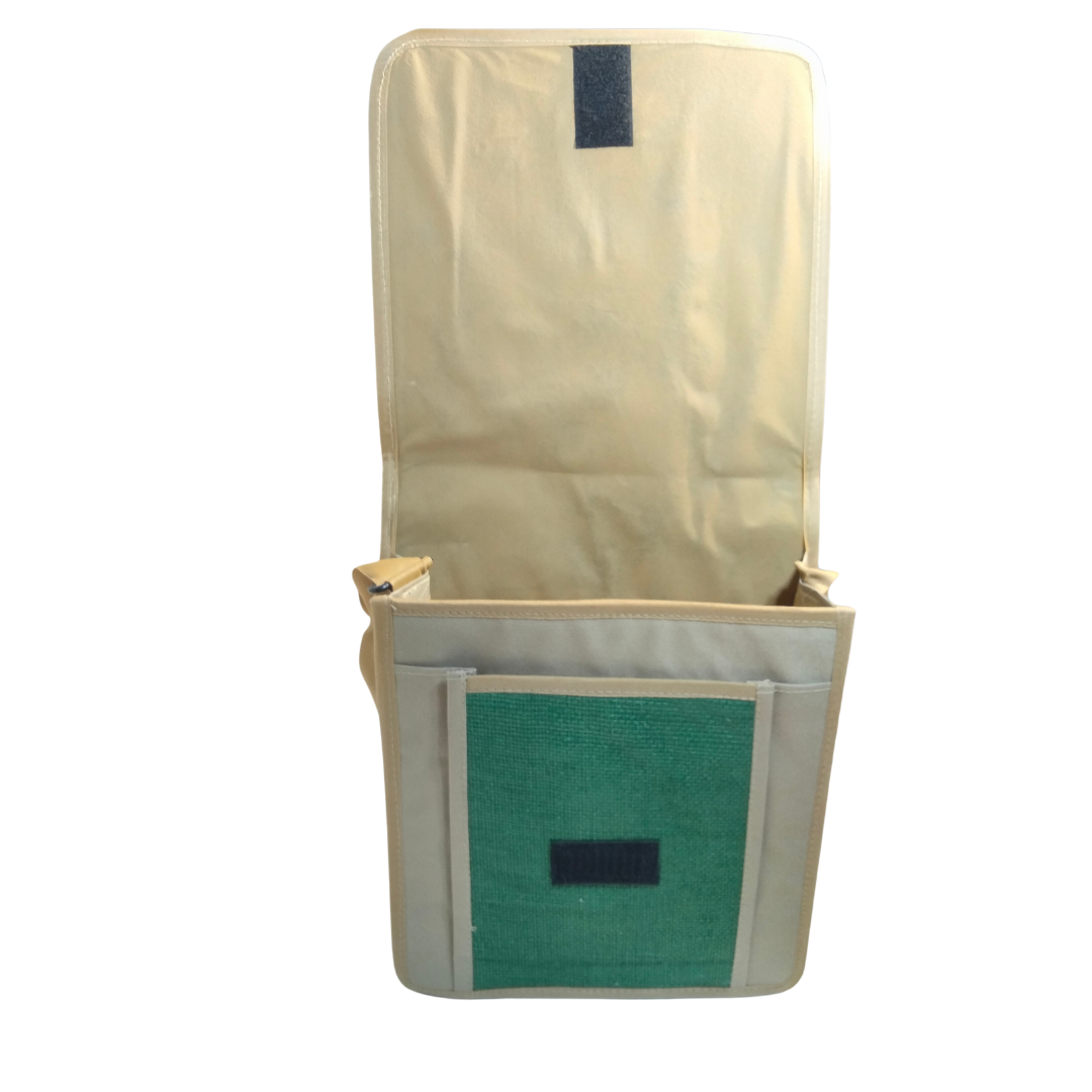 A4 Jute Professional File Folder | Eco-Friendly Document Organizer, Certificate Holder, and Expandable Messenger Briefcase with Adjustable Shoulder Strap and Button Closure for Office and Interviews (Beige & Green) - Image 3